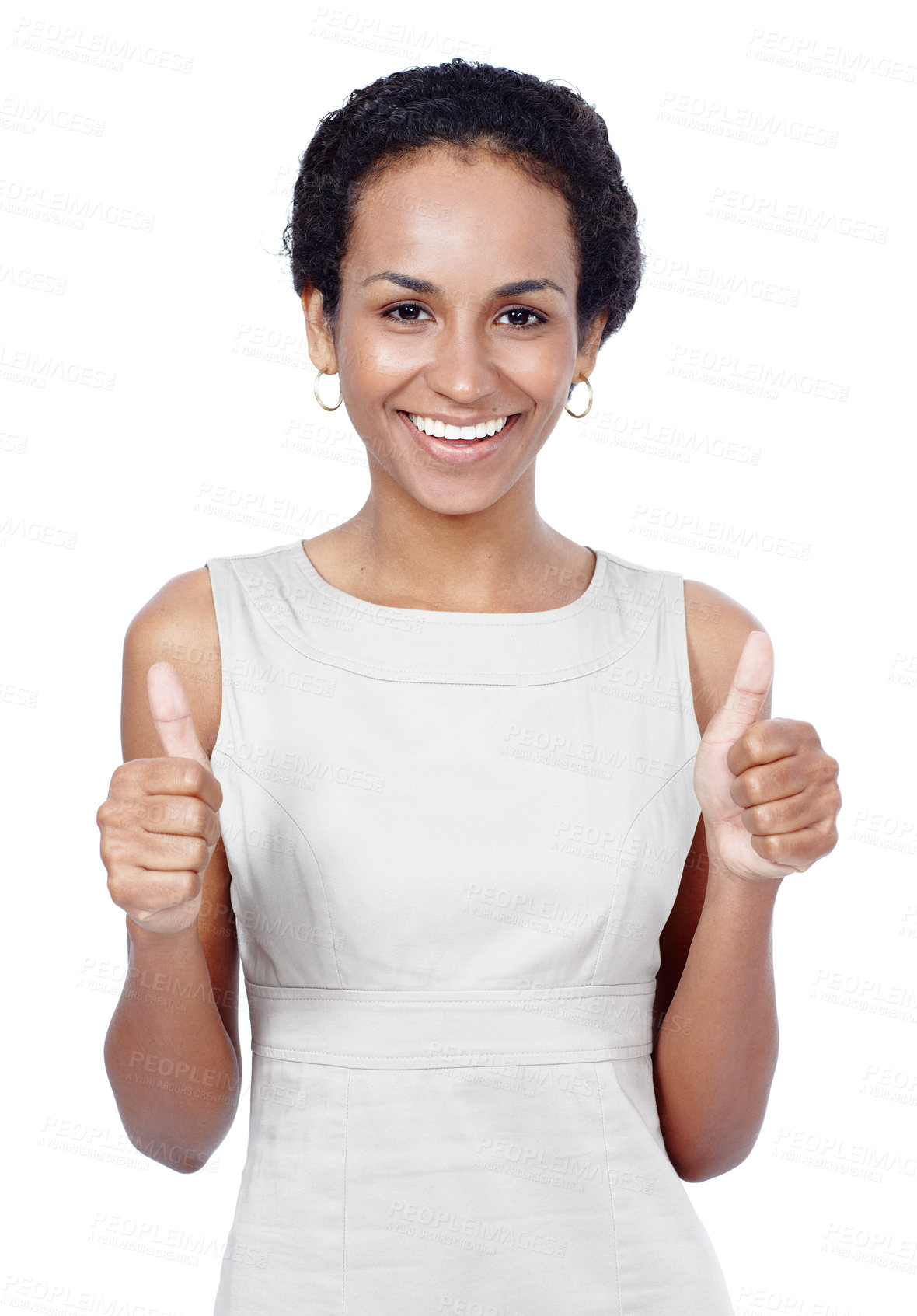 Buy stock photo Portrait, thumbs up and woman with sign, feedback and person isolated on white studio background. Face, happy girl or model with hand gesture, emoji and expression with like symbol or positive review