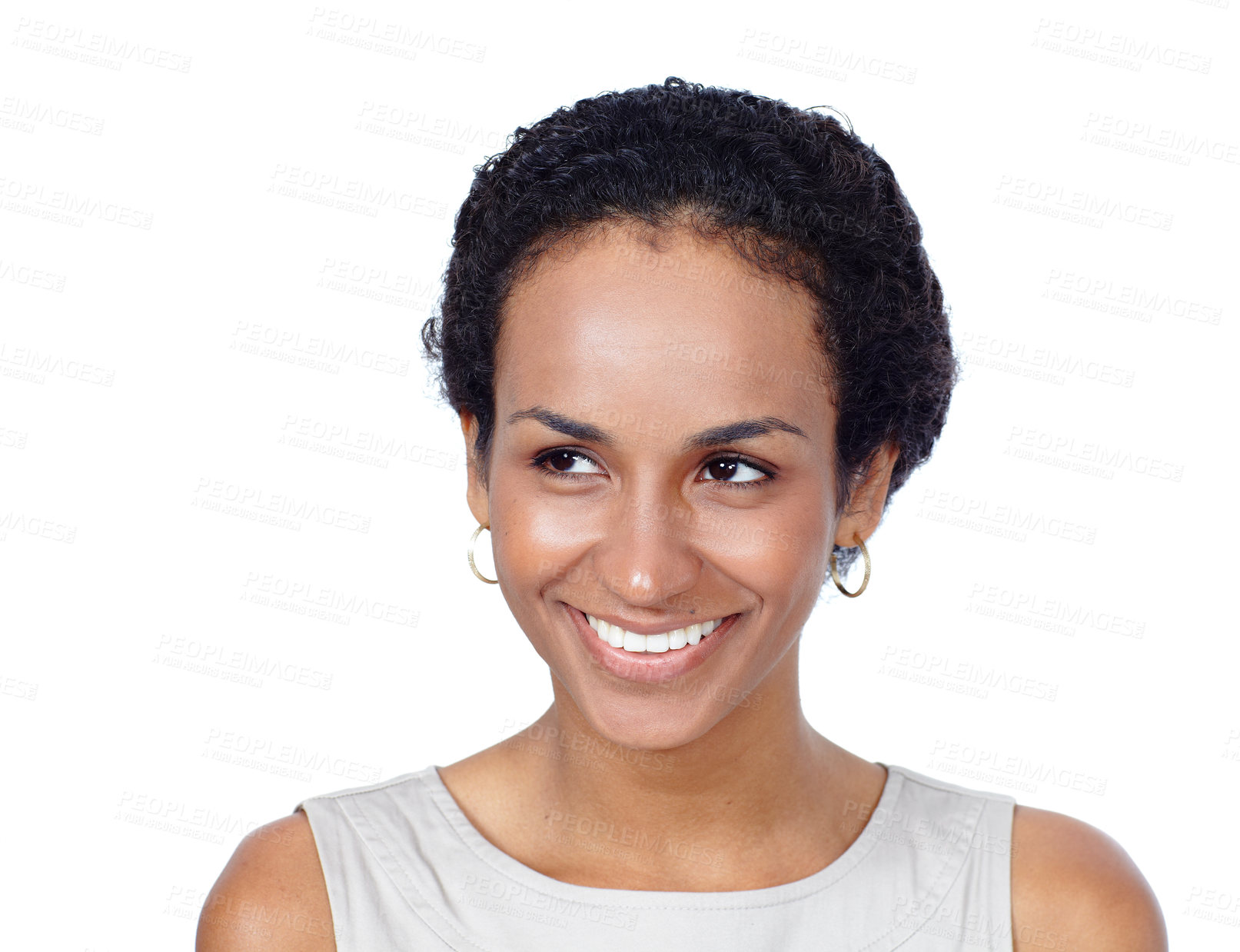 Buy stock photo Confident, thinking and black woman in studio, smile and happy in corporate, secretary and law firm. White background, employee and professional for agency, ideas and receptionist in business and USA