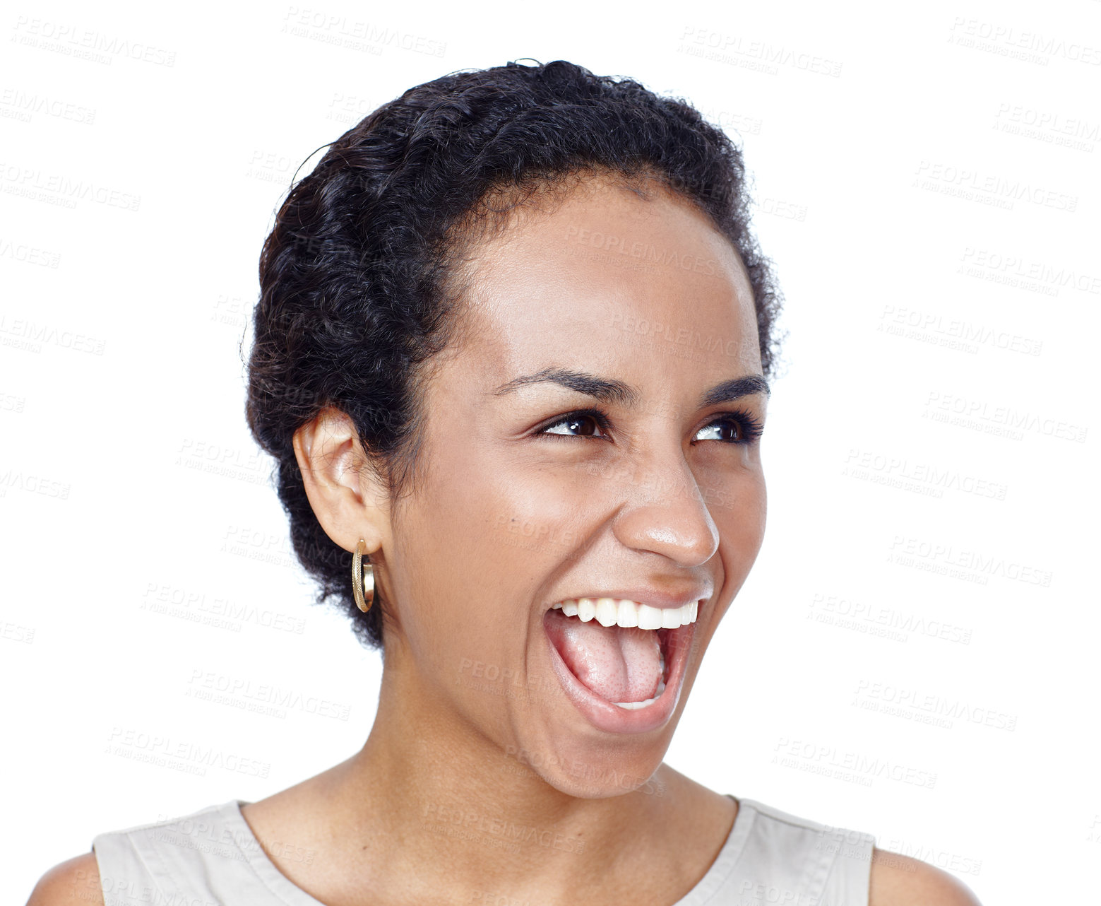 Buy stock photo Scream, crazy and black woman in studio, smile and happy for promotion in law firm and secretary. White background, employee and professional for agency, ideas and receptionist in business and USA