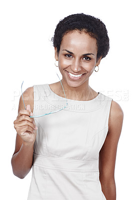 Buy stock photo Happy woman, portrait and glasses with confidence in fashion for eyewear, sight or vision on a white studio background. Young female person or model with smile, spectacles or positive attitude