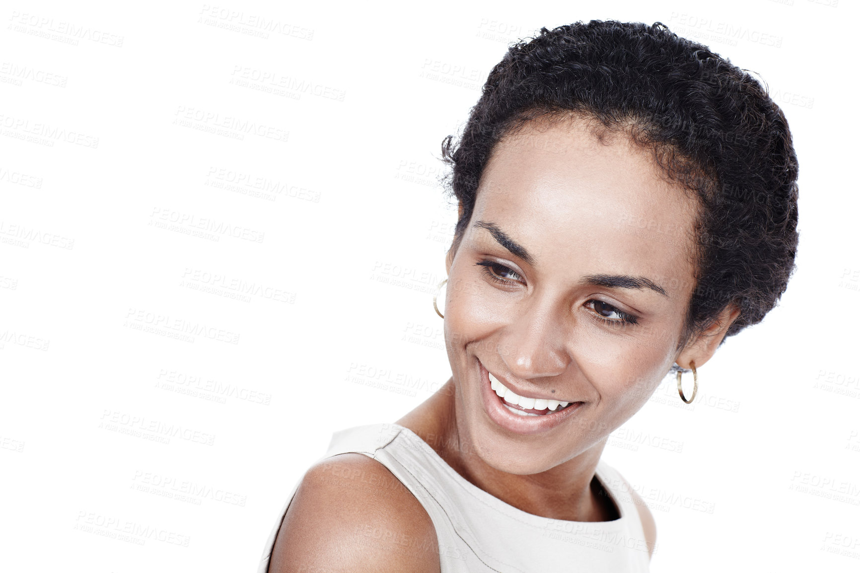 Buy stock photo Proud, thinking and black woman in studio, smile and happy with ideas for corporate, secretary and law firm.White background, planning and contemplating for agency, space and receptionist in USA