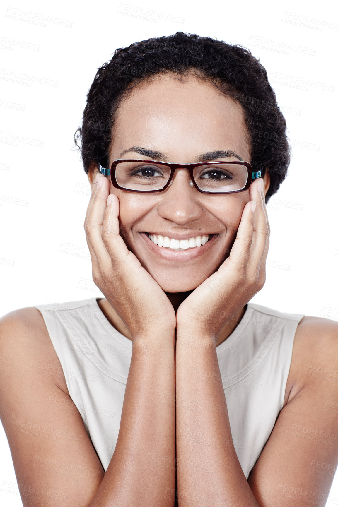 Buy stock photo Portrait, business woman and thinking in studio with glasses for eye care, professional and pride for receptionist job. Female secretary, happy and proud on white background for admin work and agenda