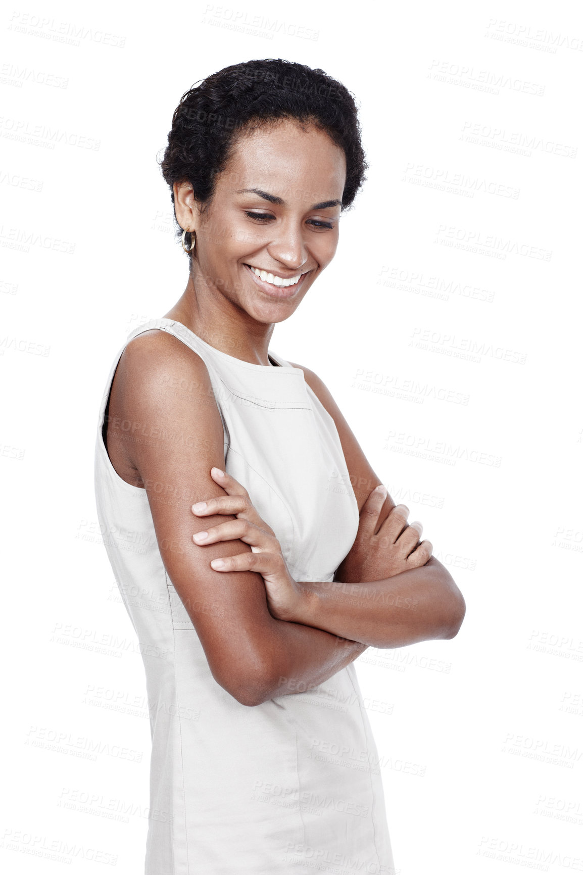 Buy stock photo Arms crossed, laughing and memory with business black woman in studio isolated on white background. Funny, smile or thinking and happy employee with idea or vision for future career planning