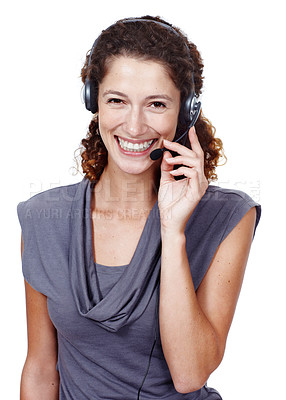 Buy stock photo Studio portrait of a woman wearing a headset isolated on white