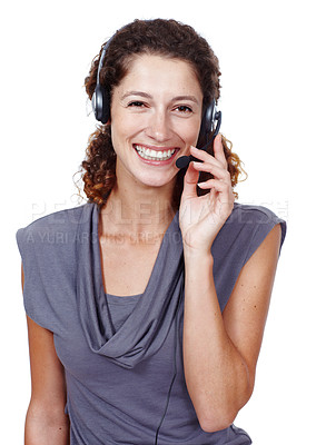 Buy stock photo Studio portrait of a woman wearing a headset isolated on white