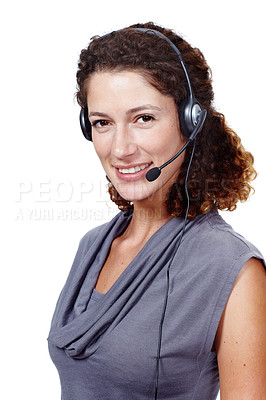 Buy stock photo Studio portrait of a woman wearing a headset isolated on white