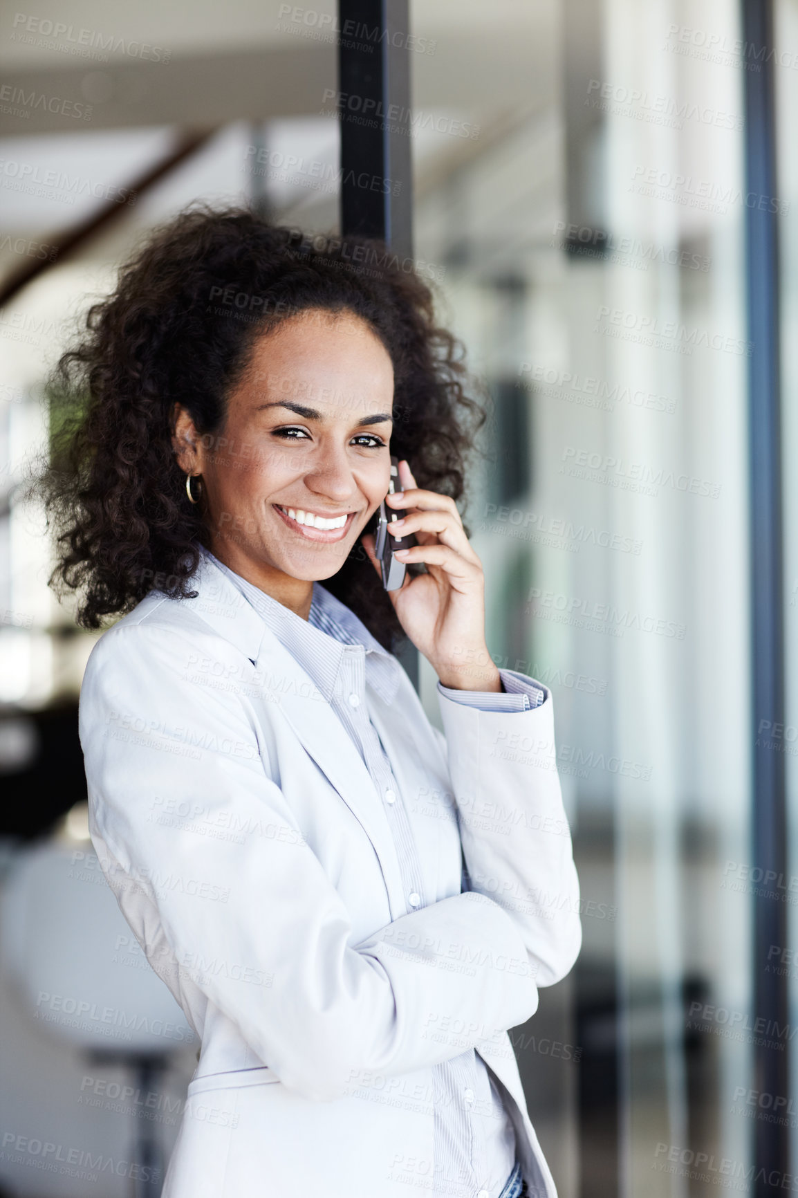 Buy stock photo Portrait, phone call or proud black woman in office for conversation, advice or business project. Happy, smile or confident African entrepreneur on mobile communication for development or discussion