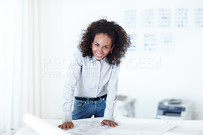 Buy stock photo Business woman, blueprint and portrait of architecture employee with home renovation plan in office. Engineer, smile and African worker with building layout document for construction project