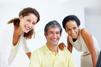 Buy stock photo Portrait, team and smile in office for business, startup and support in agency. Real estate agents, happy and proud in workplace for partnership, collaboration and diversity or inclusion in industry