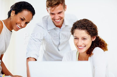 Buy stock photo Staff, laptop and online for teamwork in office, talking and collaboration on copywriting ideas. Business people, speaking and support for marketing slogan, branding and website for social media plan