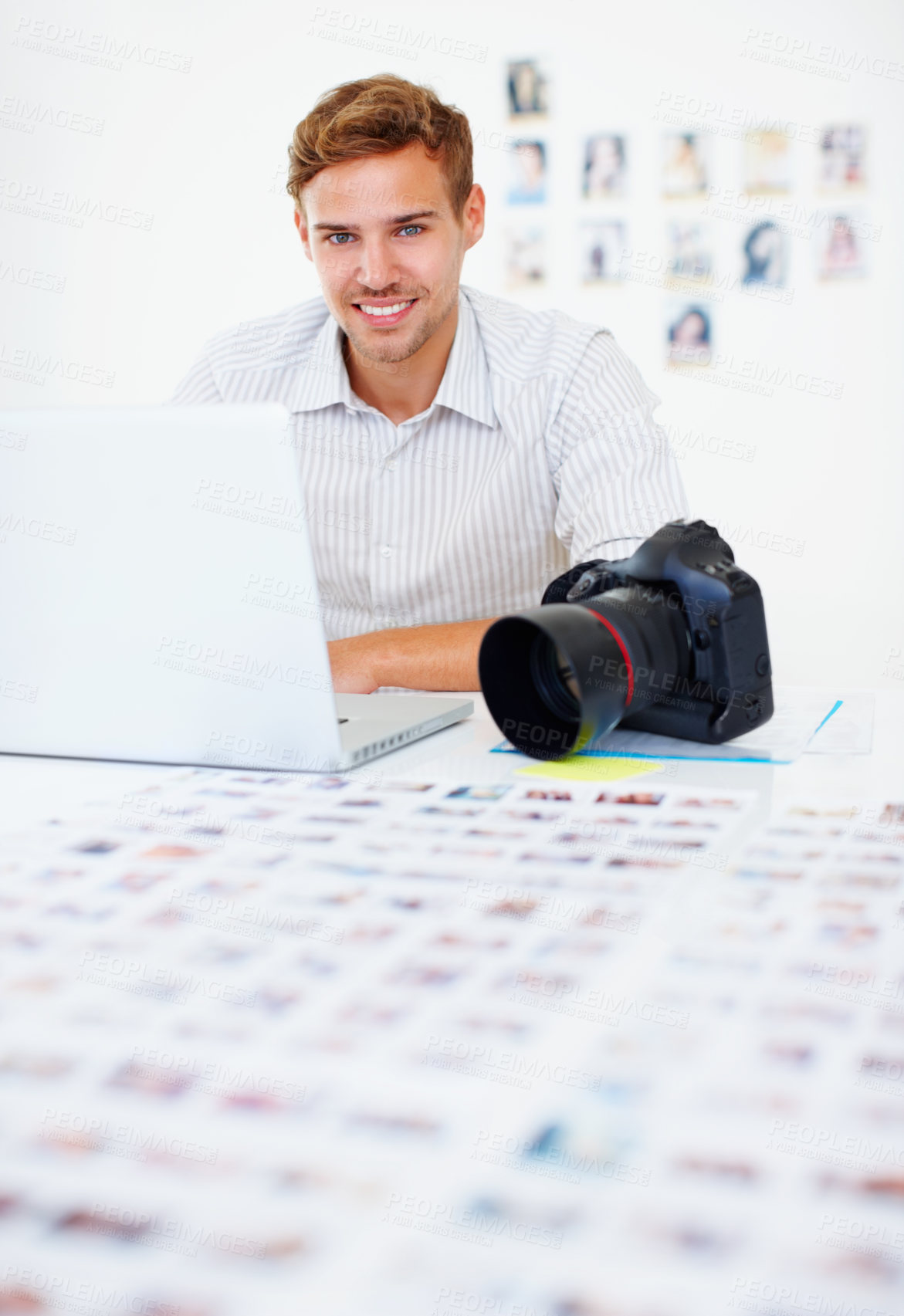 Buy stock photo Business man, laptop and portrait with camera for photography company startup and video editing in office. Entrepreneur, tech and photographer with creativity for media, film and digital project