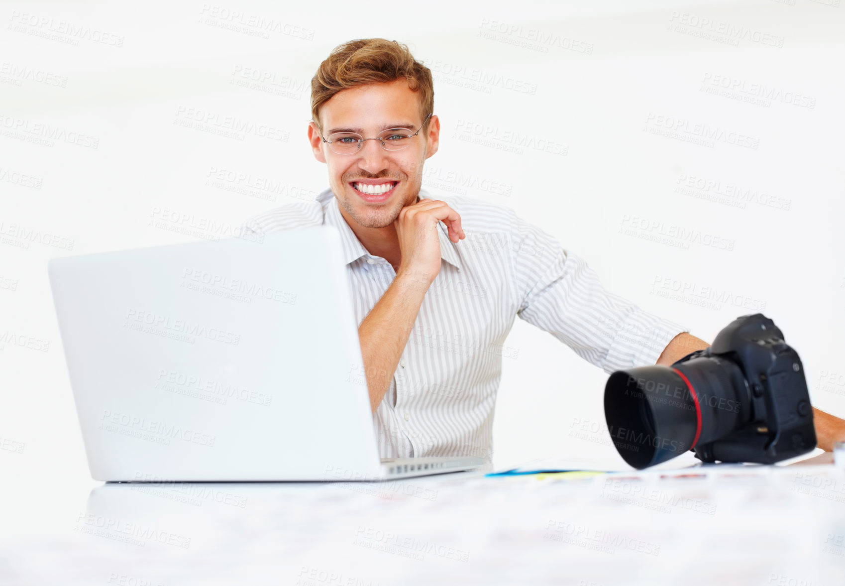 Buy stock photo Happy, man and photographer with portrait in workplace, camera or laptop with catalog for research trend topic. Male visual artist, creative agency and online for project management and editing photo