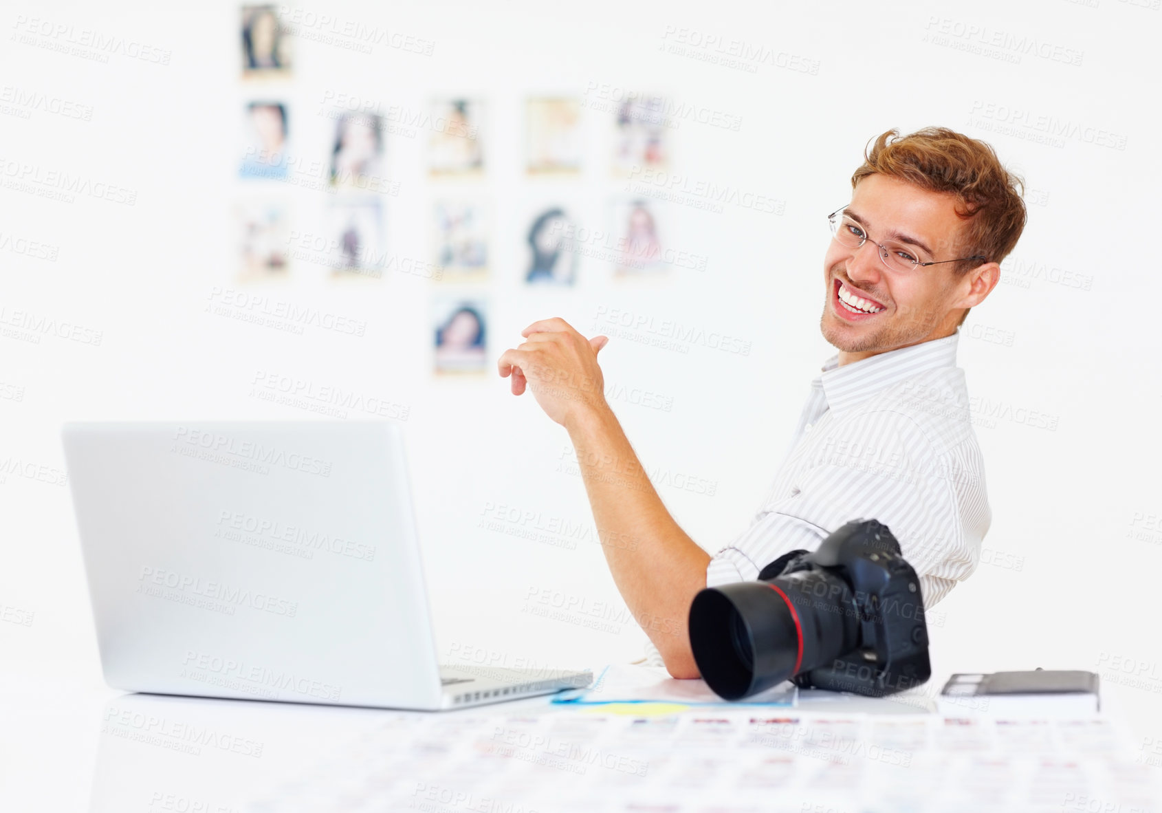 Buy stock photo Smile, man and photographer with portrait in workplace, camera or laptop with catalog for research trend topic. Male visual artist, creative agency and online for project management and editing photo