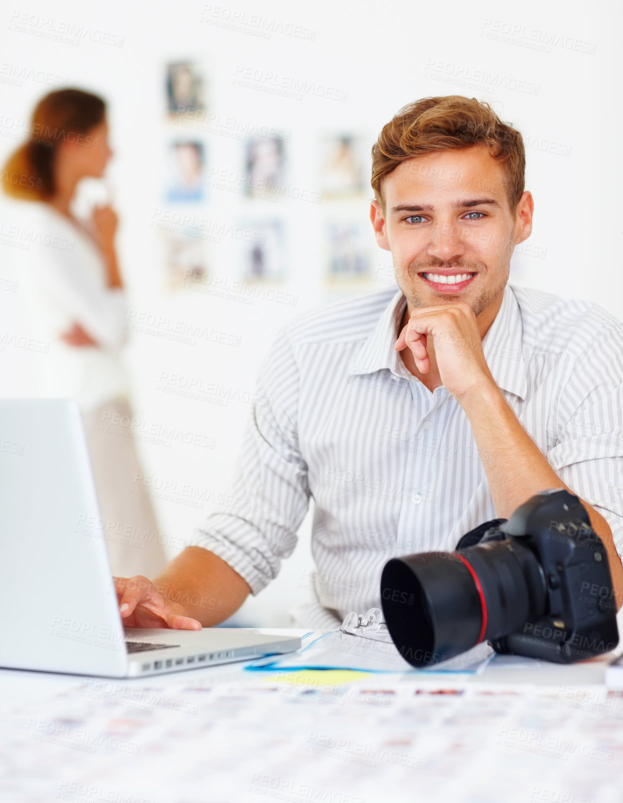 Buy stock photo Laptop, man and photographer with portrait in office, happy and camera with catalog for research trend topics. Male visual artist, creative agency and online for project management and editing photos