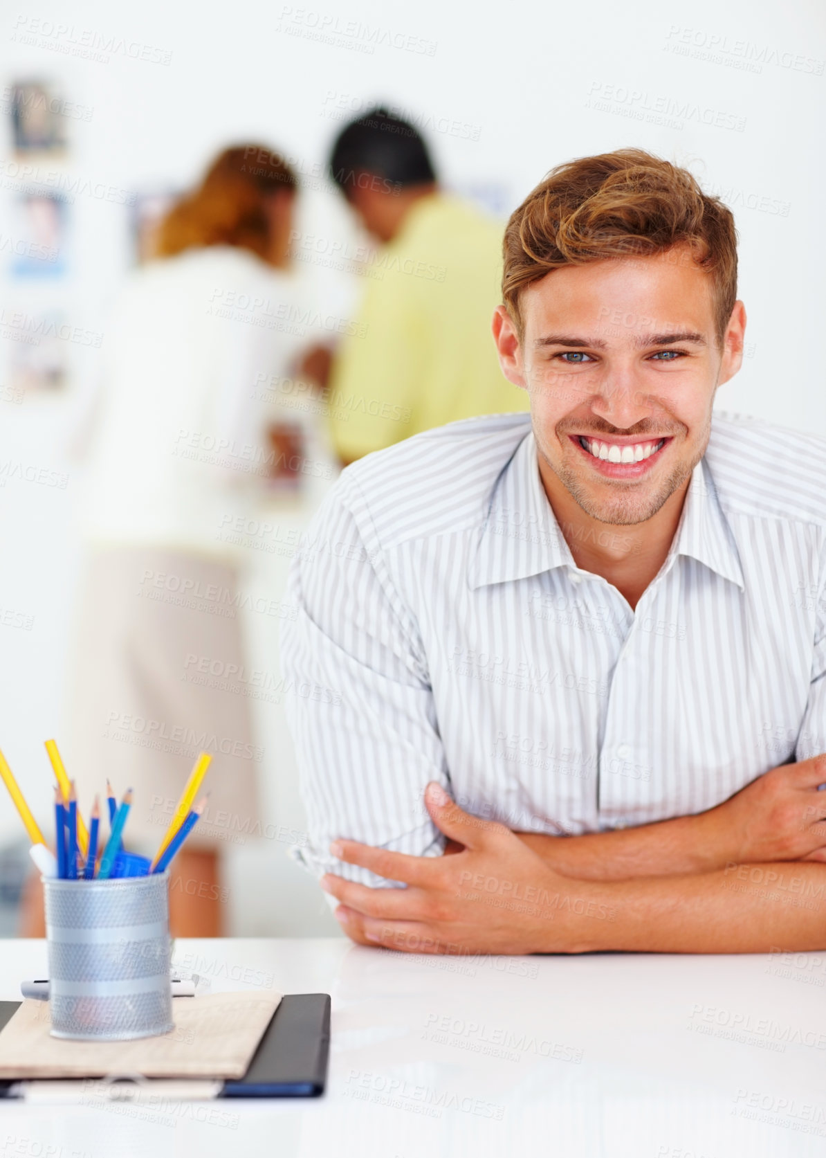 Buy stock photo Portrait, creative and man with smile in office, confident and journalist with ambition in business. Proud, reporter and excited for internship in newsroom, happy or vision for storytelling of person