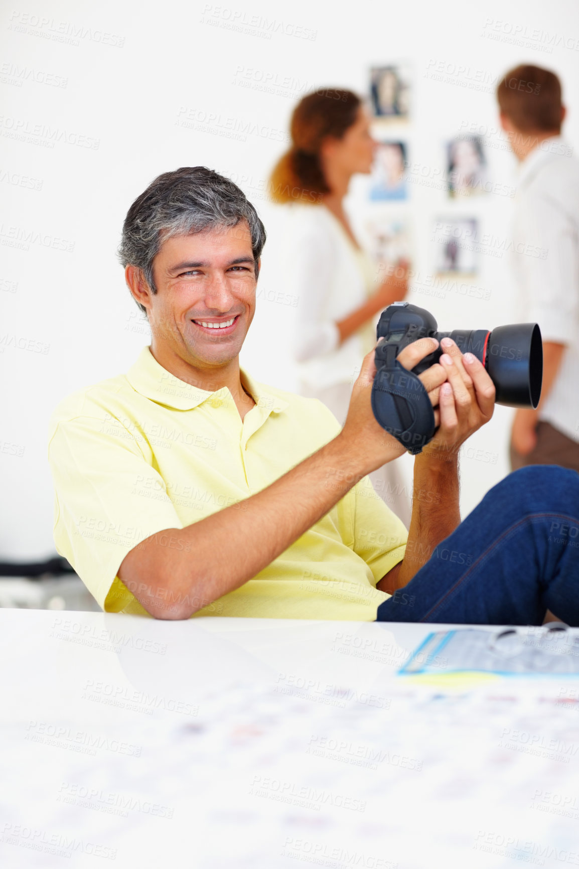 Buy stock photo Mature man, portrait and photographer in workplace, review camera picture and creative business. Male person, planning and feedback on lens in production, editing image and dslr equipment for shoot