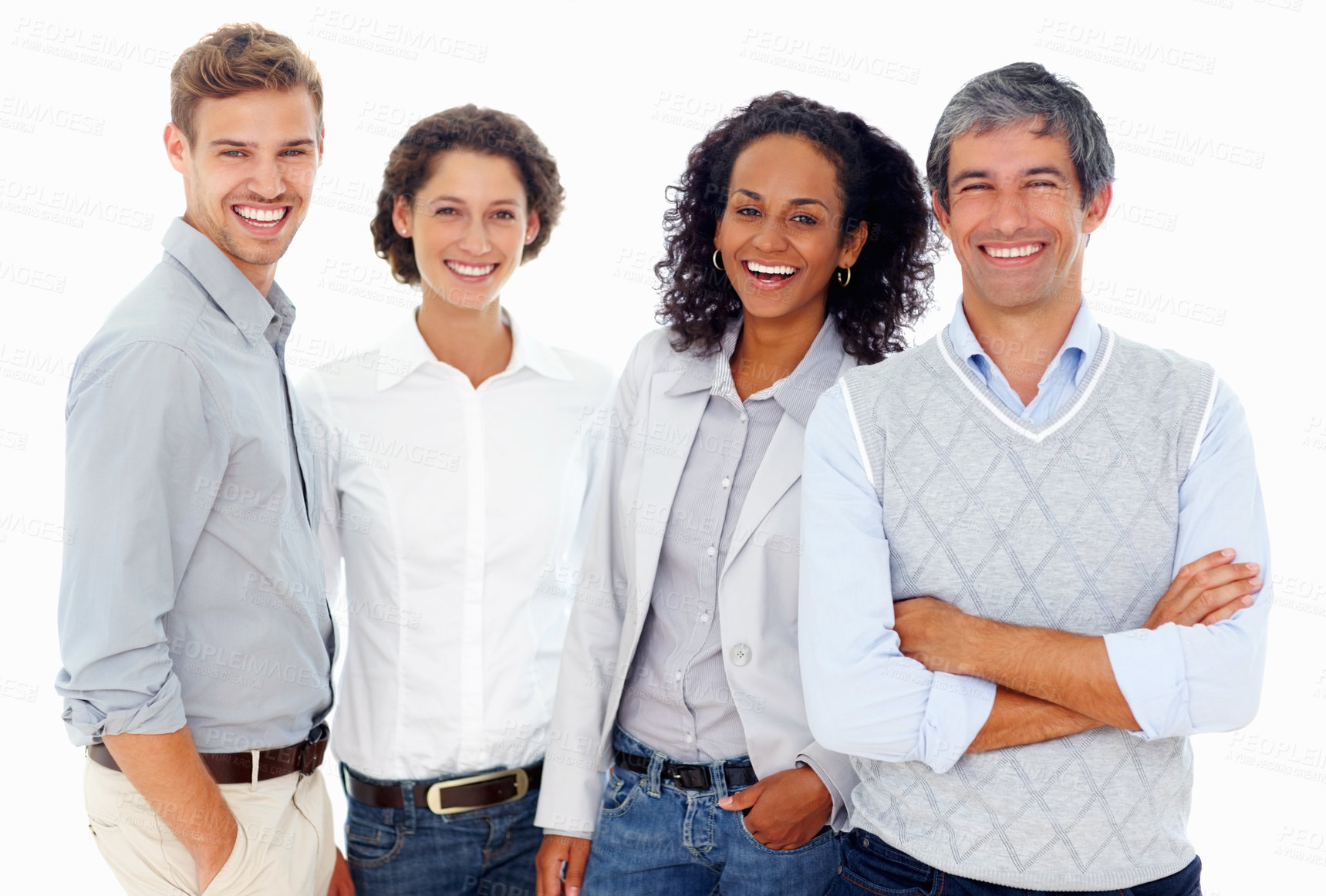 Buy stock photo Portrait, team and happy business people in studio for diversity on white background. Face, group and confident staff with solidarity, about us or creative writer laugh for synergy with arms crossed