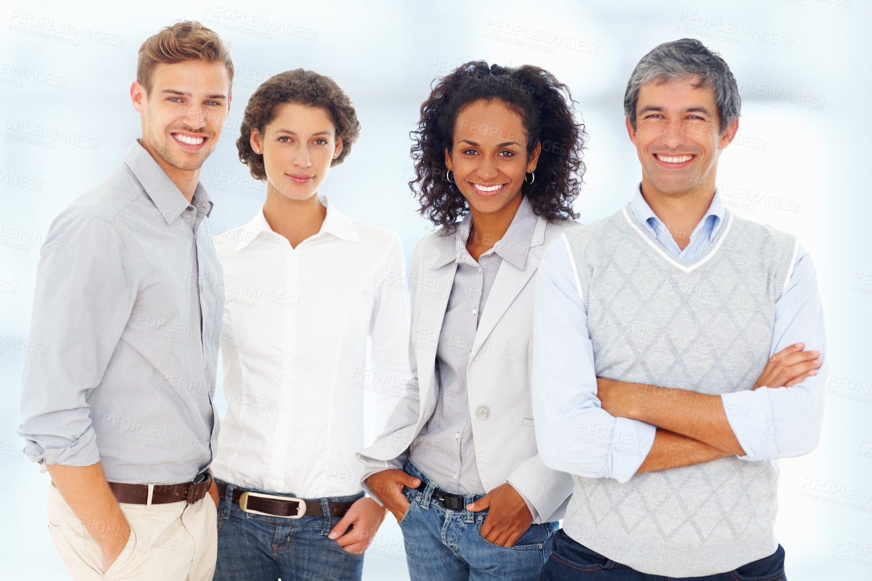 Buy stock photo Portrait, team and happy business people in startup for diversity, inclusion or partnership. Face, group and confident staff with solidarity, about us or creative writer with arms crossed for synergy