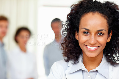 Buy stock photo Closeup of beautiful business woman with colleagues in background