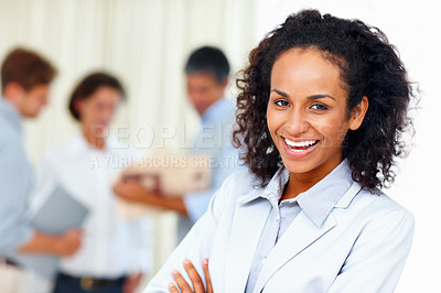 Buy stock photo Portrait of smiling business woman with colleagues in background