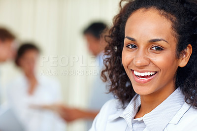 Buy stock photo Closeup portrait of beautiful business woman laughing with colleagues in background