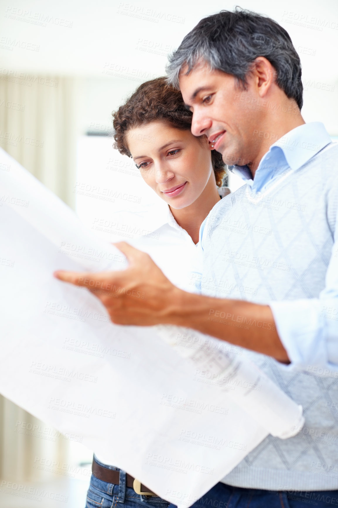 Buy stock photo Business people, planning and conversation with blueprint in office for project development, evaluation and design layout. Man, woman and team or architects with site documents for compliance check.