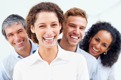 Buy stock photo Portrait of business woman smiling with colleagues in background