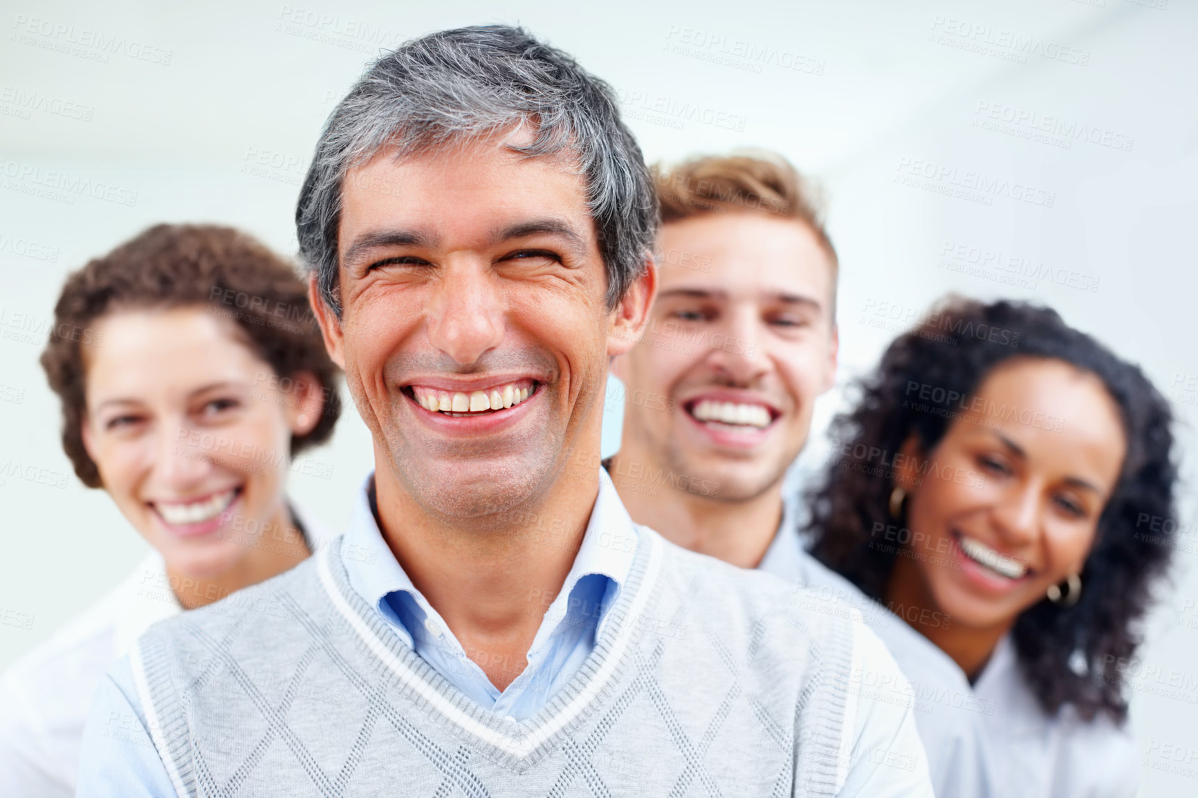 Buy stock photo Portrait, team leader and happy man with business people with diversity or inclusion. Face, creative group and mature manager or publicist laughing for synergy, solidarity or cooperation at startup