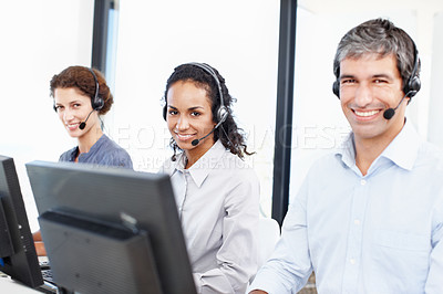 Buy stock photo Team, portrait and smile in call center for customer service, telemarketing or diversity in office. Consultant, people or happy at help desk with contact, sales or technical support with tech for FAQ