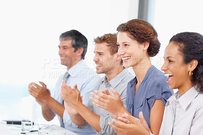 Buy stock photo Employees, people and happy in office with applause for successful presentation on business development. Corporate, clapping hands and excited with congratulation, target and well done on pitch