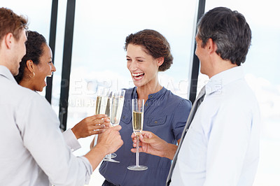 Buy stock photo Employees, people and toast with champagne glasses in office for success, celebration and achievement. Business, partnership and excited or happy with alcohol for teamwork, collaboration and cheers