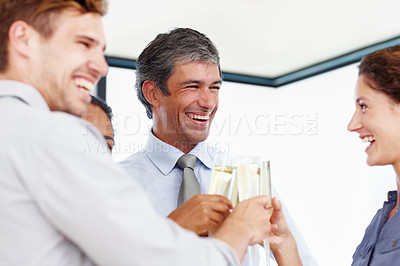 Buy stock photo Employees, people and cheers with champagne glasses in office for group, celebration and achievement. Business, partners and excited or happy with success for teamwork, collaboration and toast