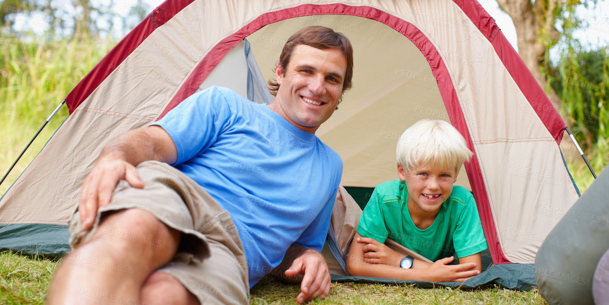 Buy stock photo Portrait, camping and father with son, tent and happiness with vacation, bonding together and relax. Face, family and single parent with boy, kid and fun with childhood, nature and getaway trip