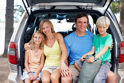 Buy stock photo Family, portrait and happy by car for camping in forest or outdoor, adventure and weekend trip for break. Parents, kids and together by lake in nature or wilderness for summer, holiday and bonding.