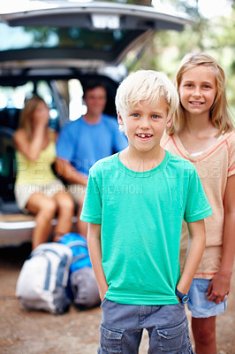 Buy stock photo Happy, boy and girl with portrait for camp outdoor with family for adventure and weekend trip in mother nature. Children, siblings and together in forest or woods on summer holiday in wilderness.