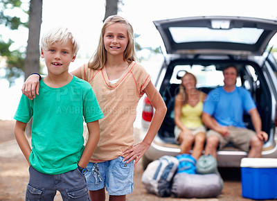 Buy stock photo Smile, boy and girl with portrait for camp outdoor with family for adventure and weekend trip in mother nature. Children, siblings and happy together in forest on summer holiday in wilderness.