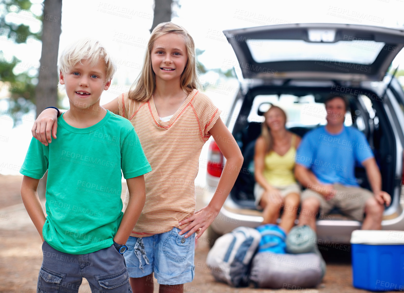 Buy stock photo Smile, boy and girl with portrait for camp outdoor with family for adventure and weekend trip in mother nature. Children, siblings and happy together in forest on summer holiday in wilderness.