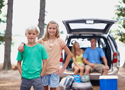 Buy stock photo Forest, boy and girl with portrait for camp outdoor with family for adventure and weekend trip in mother nature. Children, siblings and happy together in woods on summer holiday in wilderness.