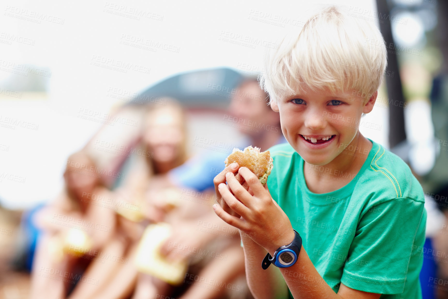 Buy stock photo Eating, child and camping in nature for portrait, vacation or travel with family. Food, kid and tent on campsite for holiday, development or adventure in Germany for freedom on weekend summer trip