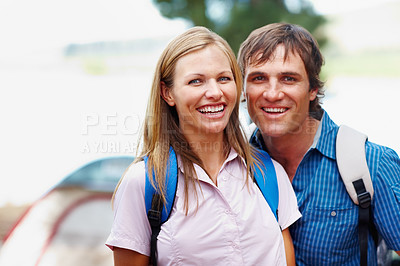 Buy stock photo Portrait, hiking and couple with nature, hobby and fitness with happiness, adventure and travel. Face, outdoor and hike with man, woman and journey with getaway trip, healthy and balance for wellness