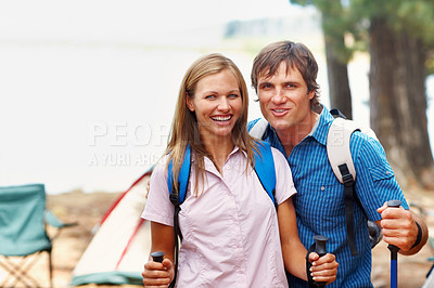 Buy stock photo Portrait, hiking and couple with nature, fitness and hobby with happiness, adventure and love. Face, outdoor and hike with man, woman and journey with getaway trip, travel and balance for wellness