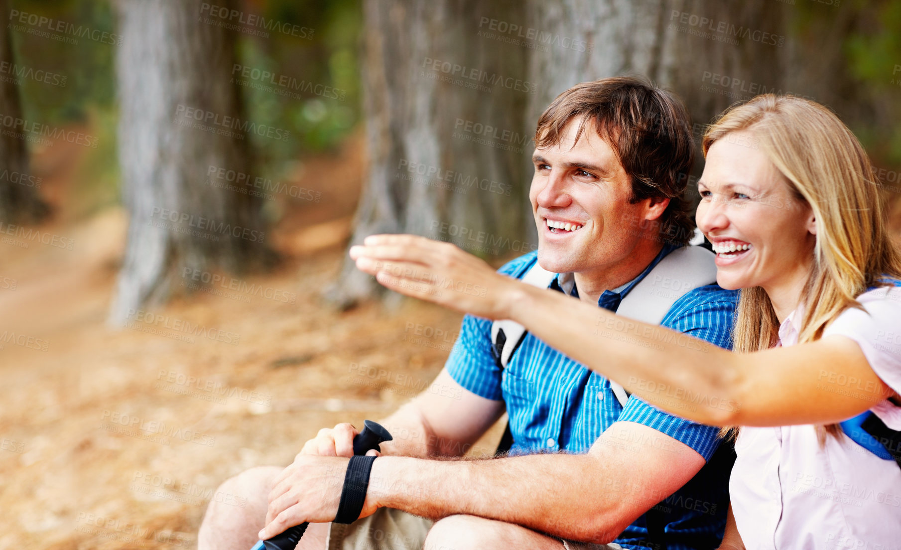 Buy stock photo Mature couple, hiking and rest at trees for fitness, bonding and travel in nature. Happy man, woman and pointing in forest for direction, adventure and navigation for trekking with support and love