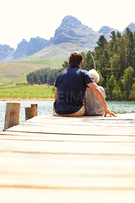 Buy stock photo Dad, son and fishing together in outdoor, jetty activity and papa teaching kid a skill by lake. Father, boy and back of family in nature for learning hobby by river, adventure and tool to catch fish