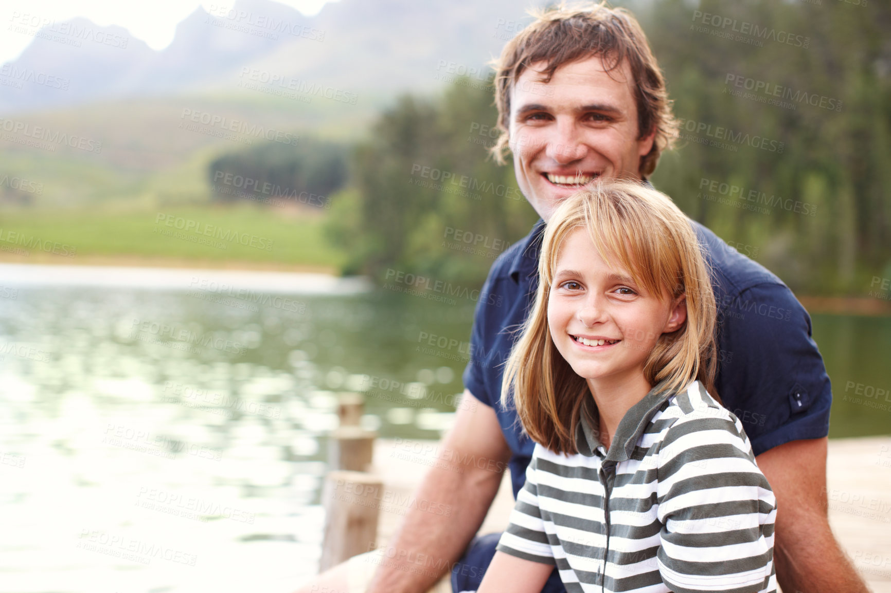 Buy stock photo Portrait, family and daughter with dad, lake and holiday for parent, happy and child in vacation for fun. Water, father and girl in summer, bonding and travel to river for peace, man and smile