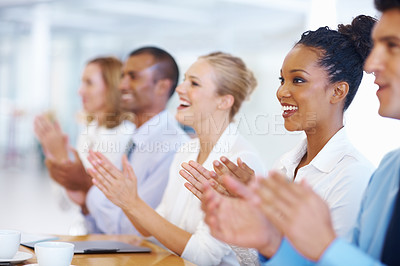 Buy stock photo Portrait of multi racial executives applauding in presentation