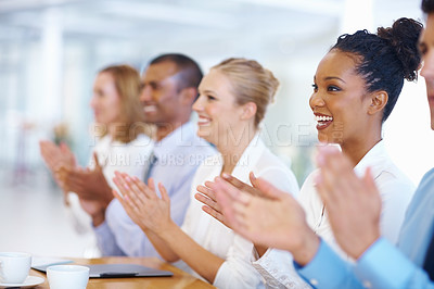 Buy stock photo Portrait of multi ethnic business people applauding during presentation