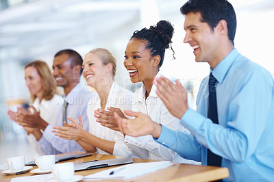 Buy stock photo Portrait of supportive business team appreciating after presentation