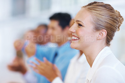 Buy stock photo Business people, applause and group in meeting, celebration and happiness in office. Success, coworkers and employees with achievement, opportunity and clapping for promotion, kpi target and goals