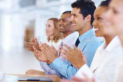 Buy stock photo Portrait of confident business team congratulating after meeting