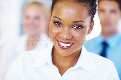 Buy stock photo Closeup of African American female executive with team in business conference